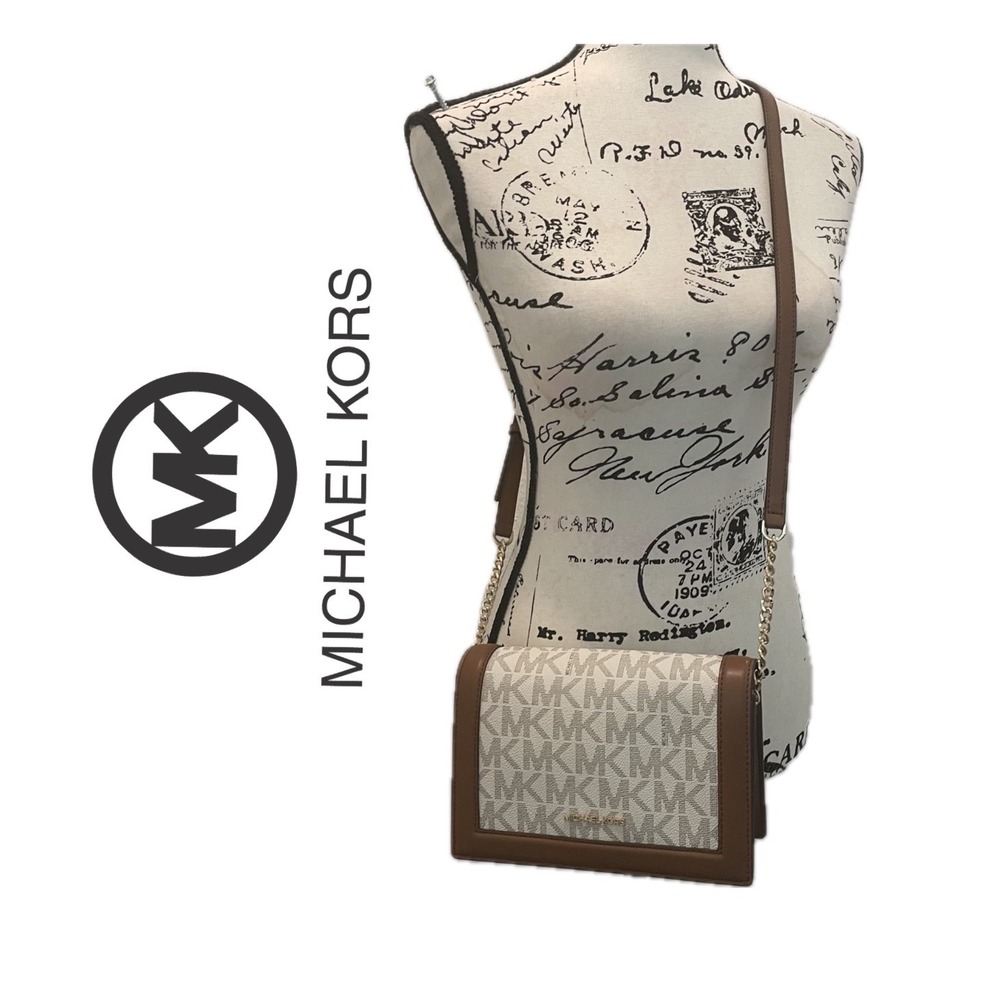 Michael Kors Jet Set Full Flap Chain Crossbody Bag Monogram Oatmeal core